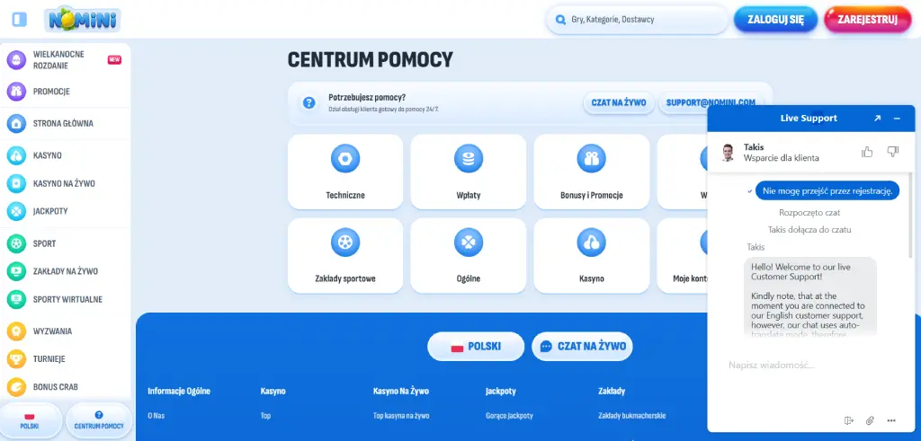 Obsługa klienta Nomini kasyna