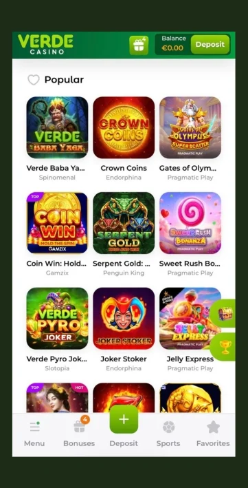 Verde Casino Aktywacja bonusu i wybór gry