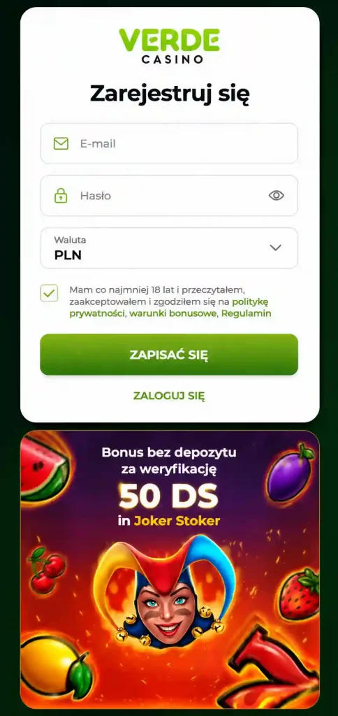 Verde Casino bonus za rejestrację bez depozytu